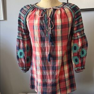 Ivy Jane Red and Blue Plaid Blouse with Embroidered Sleeves